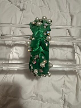 Embellished Green Satin Knot Headband with Pearls and Crystals